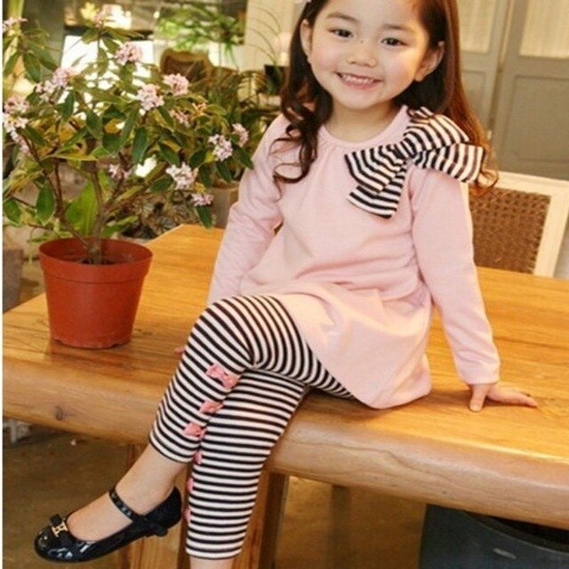 Baby Girl Clothes Set Spring Long Sleeve T-shirt Bow Stripe Leggings For Girls Pants Clothes Cotton Fashion Kids Clothes Set