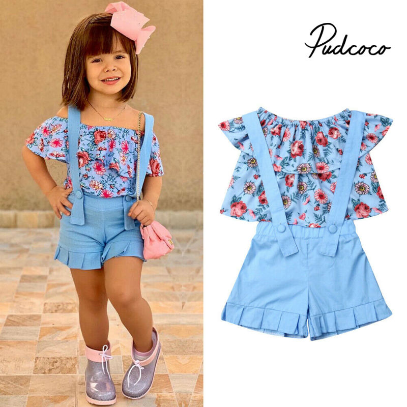 pudcoco 2019 Children Clothing Suits For Girls Clothes Kids Toddler Enfant Fille Infantis Outfits Flower Blouse Summer 2pcs