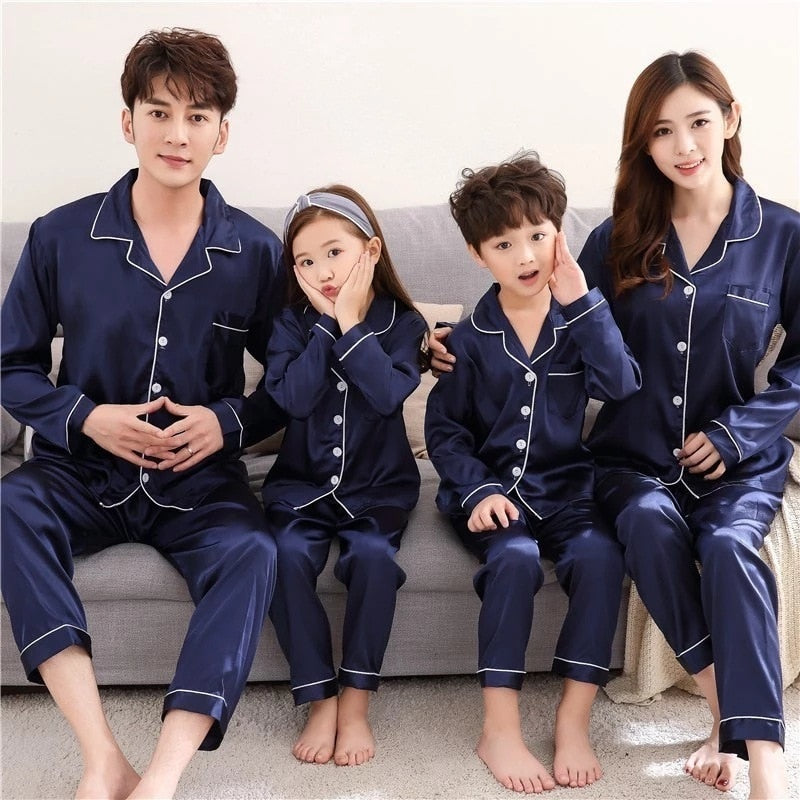 Family Matching Pajamas Set Father Mother Daughter Son Fits Long Sleeve Silk Family Matching Sleepwear Nightwear