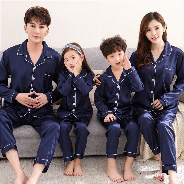 Family Matching Pajamas Set Father Mother Daughter Son Fits Long Sleeve Silk Family Matching Sleepwear Nightwear