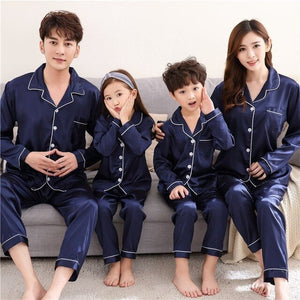 Family Matching Pajamas Set Father Mother Daughter Son Fits Long Sleeve Silk Family Matching Sleepwear Nightwear