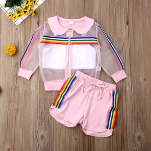 Toddler Kids Baby Girl Rainbow Coat+Vest+Short Pants Cotton Organza Outfit 3Pcs UV Sunsuit Newest Fashion Clothes Summer Set