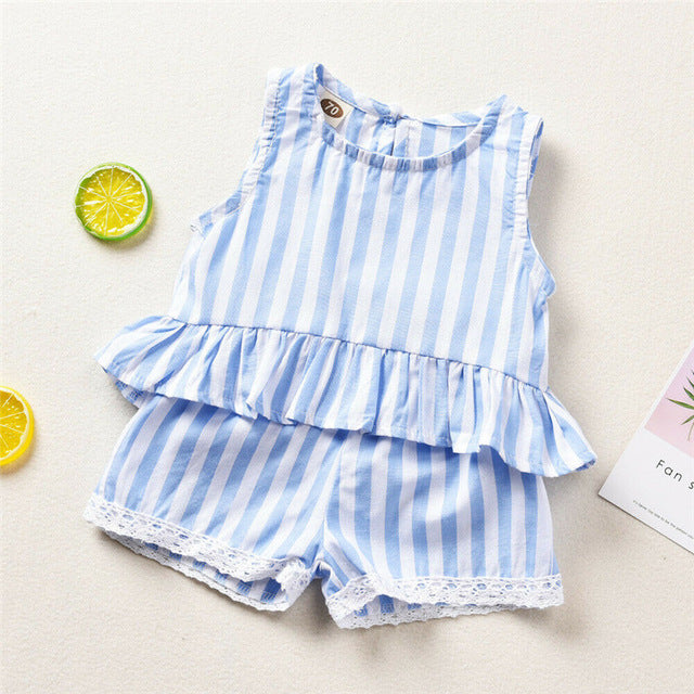 Casual Toddler Baby Girl Summer Stripe Tops Shorts Outfits Set Clothes 0-24M