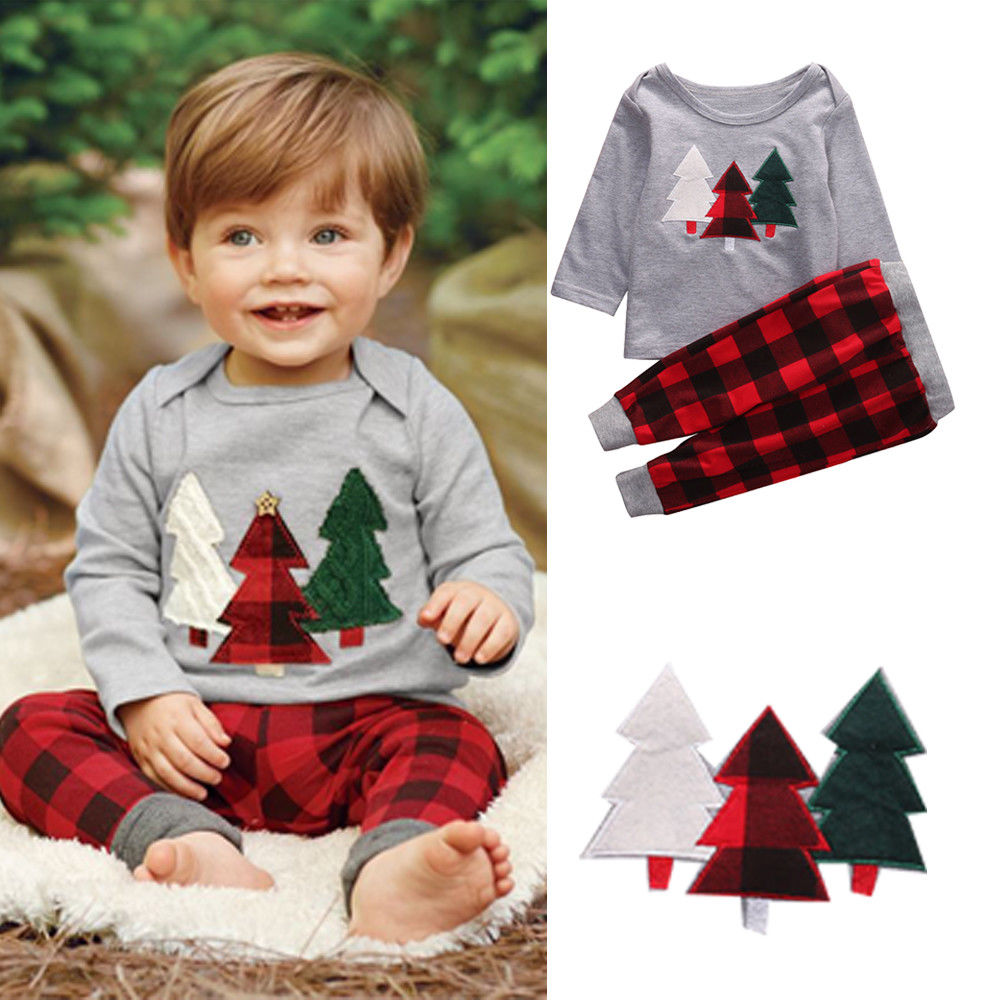 Christmas Lovely Causal Toddler Baby Boys Clothes Sets 2PCS Long Sleeve Cartoon Sweatshirt Tops+Plaid Pants Outfit 1-6Y