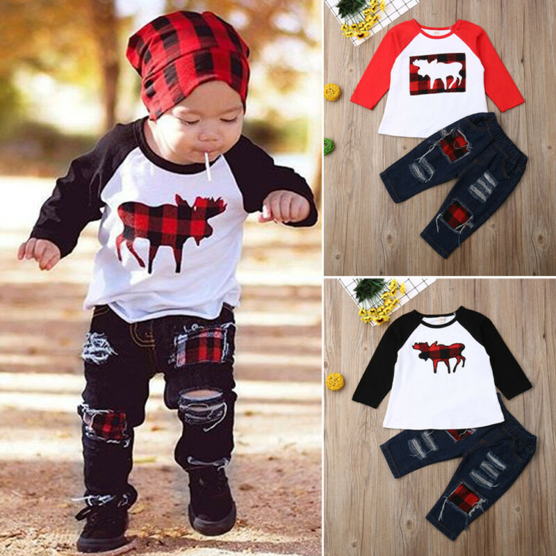 New 2019 Christmas Clothes Newborn Kid Baby Boy Reindeer Tops Long Sleeve T-Shirt Long Hole Denim Pants Xmas Outfit Clothes Set