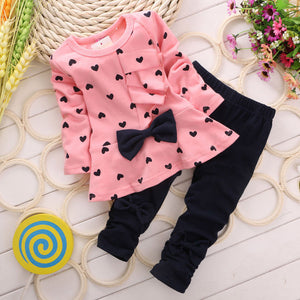 2015 Children Baby Girl Heart-shaped Bow 2PCS Clothes Set Suit Top Sweater Pants