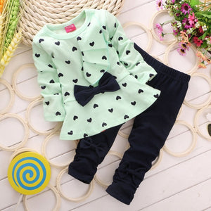 2015 Children Baby Girl Heart-shaped Bow 2PCS Clothes Set Suit Top Sweater Pants