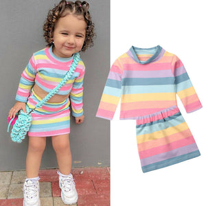 Baby Girl Clothes Set Toddler Kid Baby Girl Rainbow Striped Long Sleeve Top T-Shirt Skirt Outfit Hot Autumn Clothing