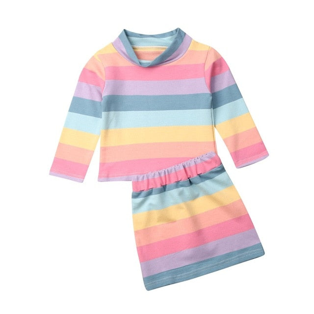 Baby Girl Clothes Set Toddler Kid Baby Girl Rainbow Striped Long Sleeve Top T-Shirt Skirt Outfit Hot Autumn Clothing