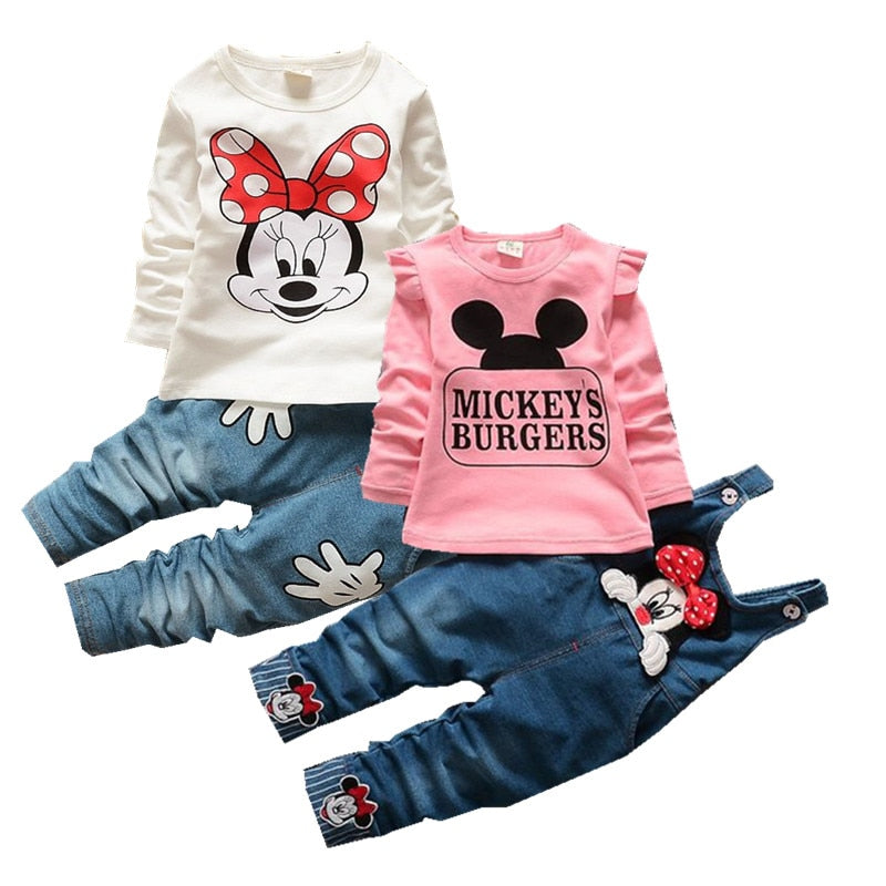 2019 Minnie Mouse baby girl clothes 2PCS set spring Mickey Boys children clothing T-shirt And cowboy Bib pants baby clothes Suit