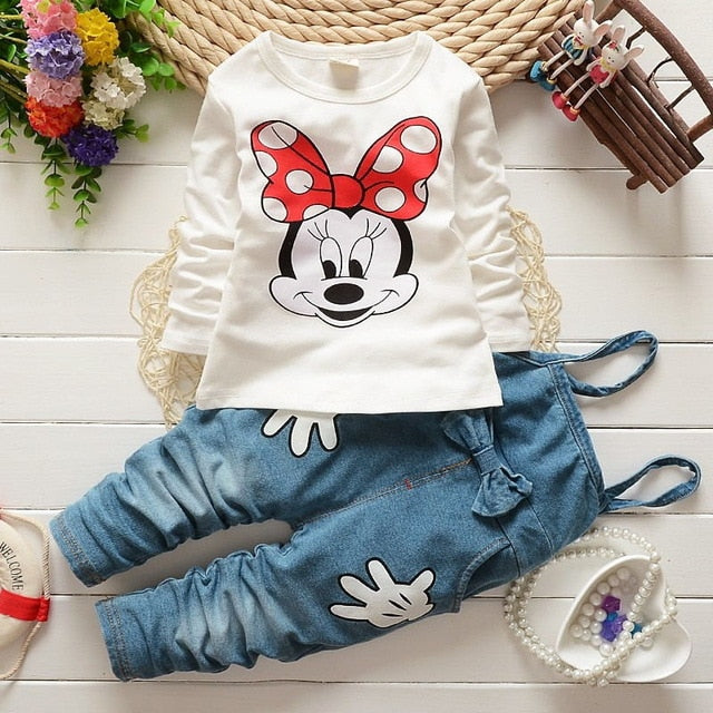 2019 Minnie Mouse baby girl clothes 2PCS set spring Mickey Boys children clothing T-shirt And cowboy Bib pants baby clothes Suit