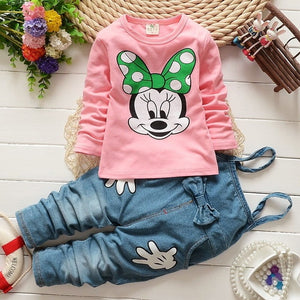 2019 Minnie Mouse baby girl clothes 2PCS set spring Mickey Boys children clothing T-shirt And cowboy Bib pants baby clothes Suit