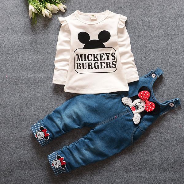 2019 Minnie Mouse baby girl clothes 2PCS set spring Mickey Boys children clothing T-shirt And cowboy Bib pants baby clothes Suit