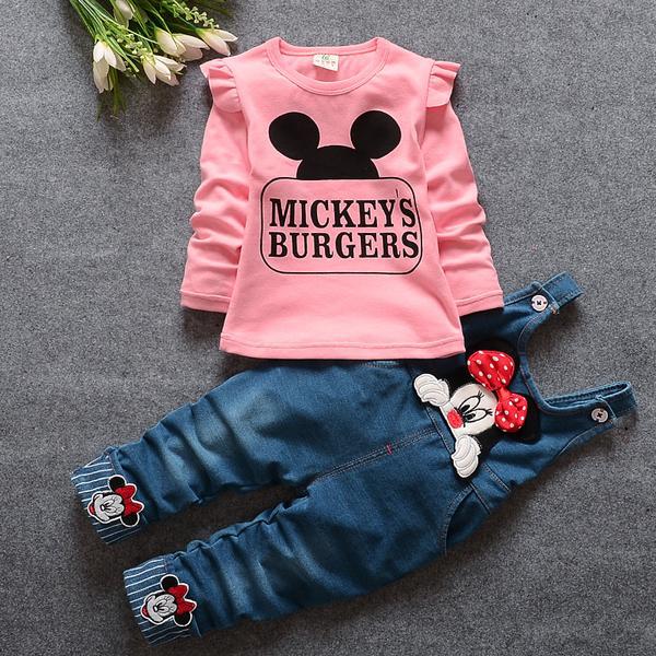 2019 Minnie Mouse baby girl clothes 2PCS set spring Mickey Boys children clothing T-shirt And cowboy Bib pants baby clothes Suit