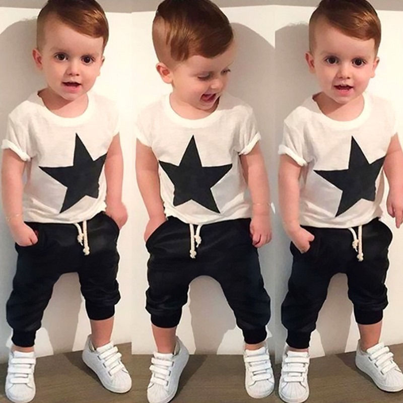 2016 Baby boy clothing Short Sleeve Tops Harem Pants 2pcs Clothes Set New Kids Baby Boys Star Outfits 2pcs Fashion Boys Clothes