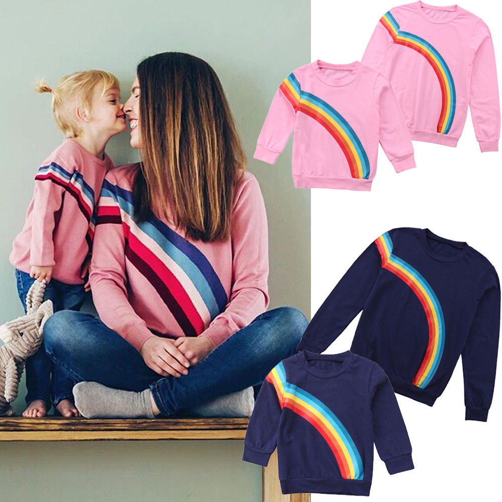 Mom Girl Family Matching Cotton Clothes Mama Baby Kids Long Sleeves T Shirts  Rainbow Stripes Tees Tops