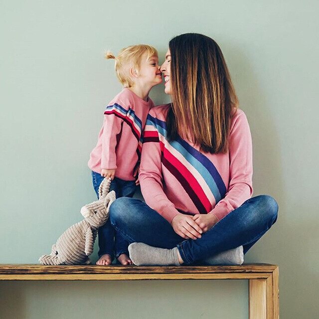 Mom Girl Family Matching Cotton Clothes Mama Baby Kids Long Sleeves T Shirts  Rainbow Stripes Tees Tops