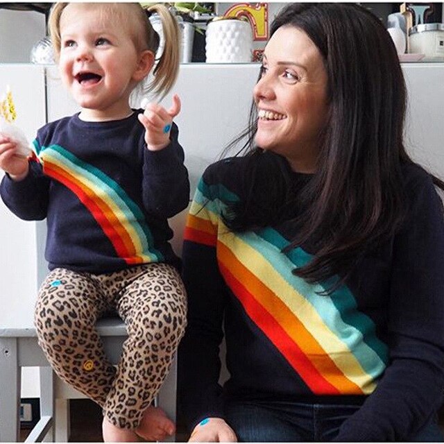 Mom Girl Family Matching Cotton Clothes Mama Baby Kids Long Sleeves T Shirts  Rainbow Stripes Tees Tops