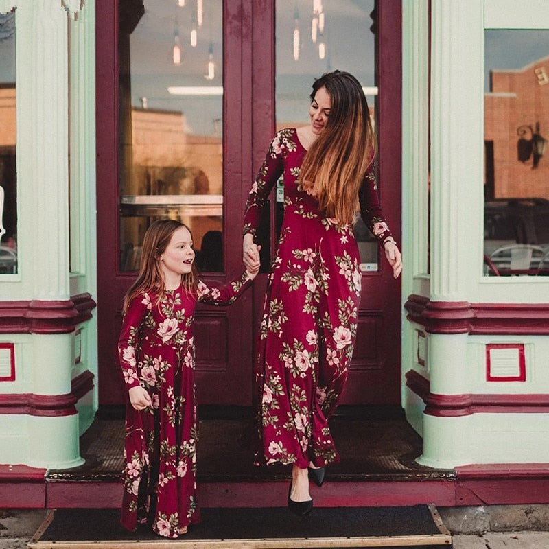 Mama And Daughter Dresses Wine Floral Mom And Kids Long Dress Family Matching Clothes Mommy Me Outfits Baby Girls Vestidos 2019